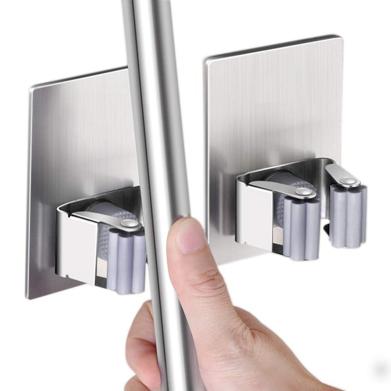 HANZE 2 Pack Stainless Steel Mop Broom Holder Organizer, Self Adhesive Wall Mounted Mop Organizer Storage Rack Clip for Kitchen Bathroom and Garage (Rectangle, Large) - Image 1